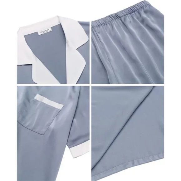 Men Silk Satin Pajamas Set Short Sleeve Light Gray - Picture 6 of 8